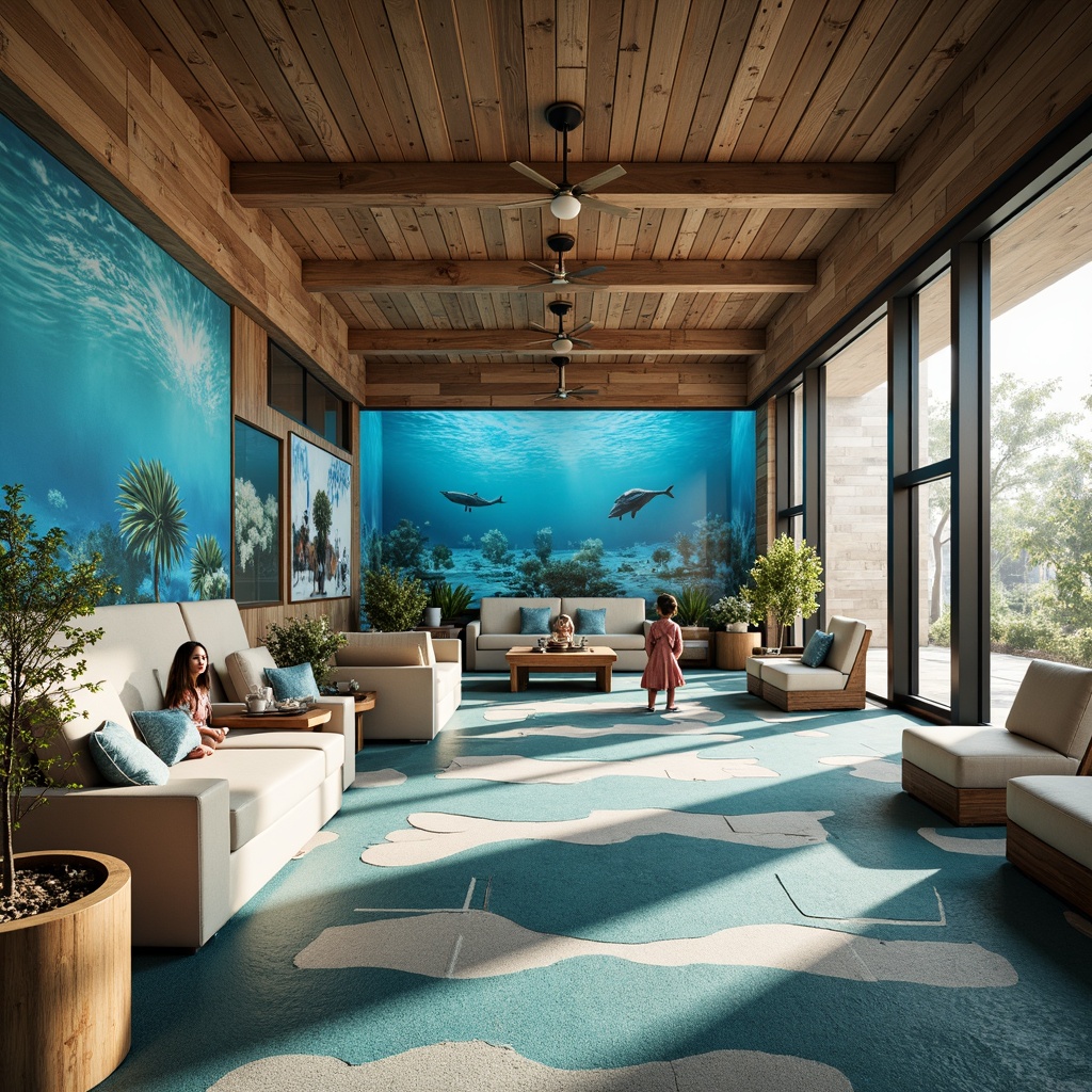 Prompt: Weathered wood accents, ocean-inspired blues, calming sandy neutrals, coral reef pinks, seafoam greens, driftwood grays, rustic metal fixtures, natural stone textures, wavy patterned carpets, ocean-breeze fresh atmosphere, soft warm lighting, shallow depth of field, 3/4 composition, panoramic views, realistic water effects, ambient occlusion, modern sustainable architecture, large windows, glass doors, educational exhibits, interactive displays, laboratory equipment, research-inspired decor, beachy vibe, serene ambiance.