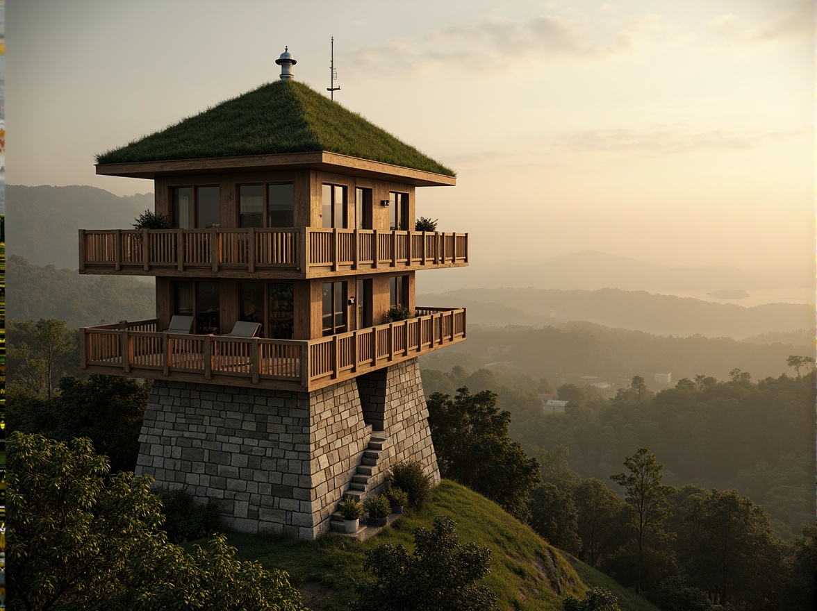 Prompt: Watchtower with natural stone fa\u00e7ade, lush green roofs, observation decks, wooden railings, scenic lookout points, panoramic views, rolling hills, serene countryside, misty dawn, warm golden lighting, shallow depth of field, 1/2 composition, atmospheric perspective, realistic textures, ambient occlusion, rustic wood accents, earthy color palette, organic forms, harmonious integration with surroundings.