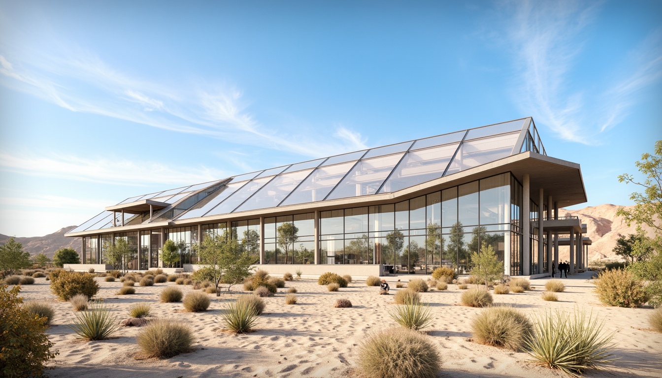 Prompt: Desert greenhouse, arid landscape, cactus plants, sandy dunes, hot sunny day, clear blue sky, large transparent roof, misting systems, evaporative cooling, natural ventilation, automated shading, reflective coatings, thermal mass walls, passive solar design, optimized air circulation, moisture control, climate-controlled environment, innovative irrigation systems, drought-resistant crops, futuristic architecture, sleek metal frames, angular lines, minimalist design.