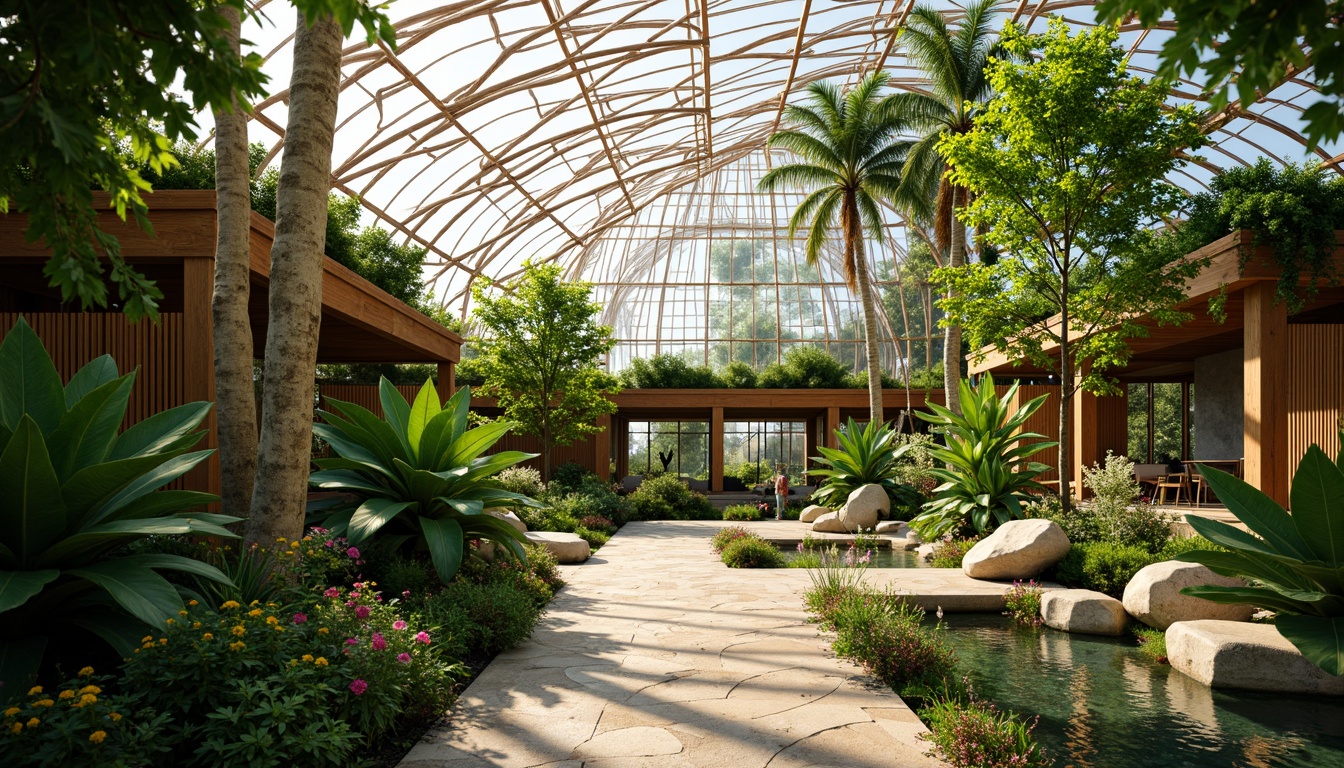 Prompt: Vibrant greenhouse interior, lush tropical plants, natural stone pathways, wooden trellises, organic shapes, curved lines, modern minimalist architecture, transparent glass roofs, automatic irrigation systems, misting humidifiers, warm soft lighting, shallow depth of field, 1/2 composition, realistic textures, ambient occlusion, serene ambiance, tranquil atmosphere, water features, small ponds, fountain sounds, natural ventilation, energy-efficient systems, sustainable building materials, recycled wood accents, living walls, green roofs, blooming flowers, sunny day.