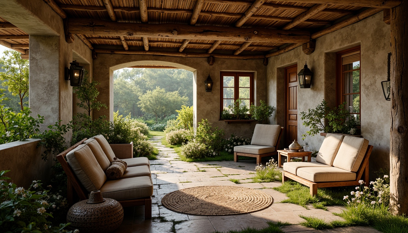 Prompt: Rustic rural cottage, natural stone walls, wooden beams, thatched roofs, earthy tones, moss-covered pathways, overgrown gardens, wildflowers, distressed wood accents, vintage metalware, ceramic tiles, woven bamboo furniture, rattan decorations, soft warm lighting, shallow depth of field, 3/4 composition, panoramic view, realistic textures, ambient occlusion.