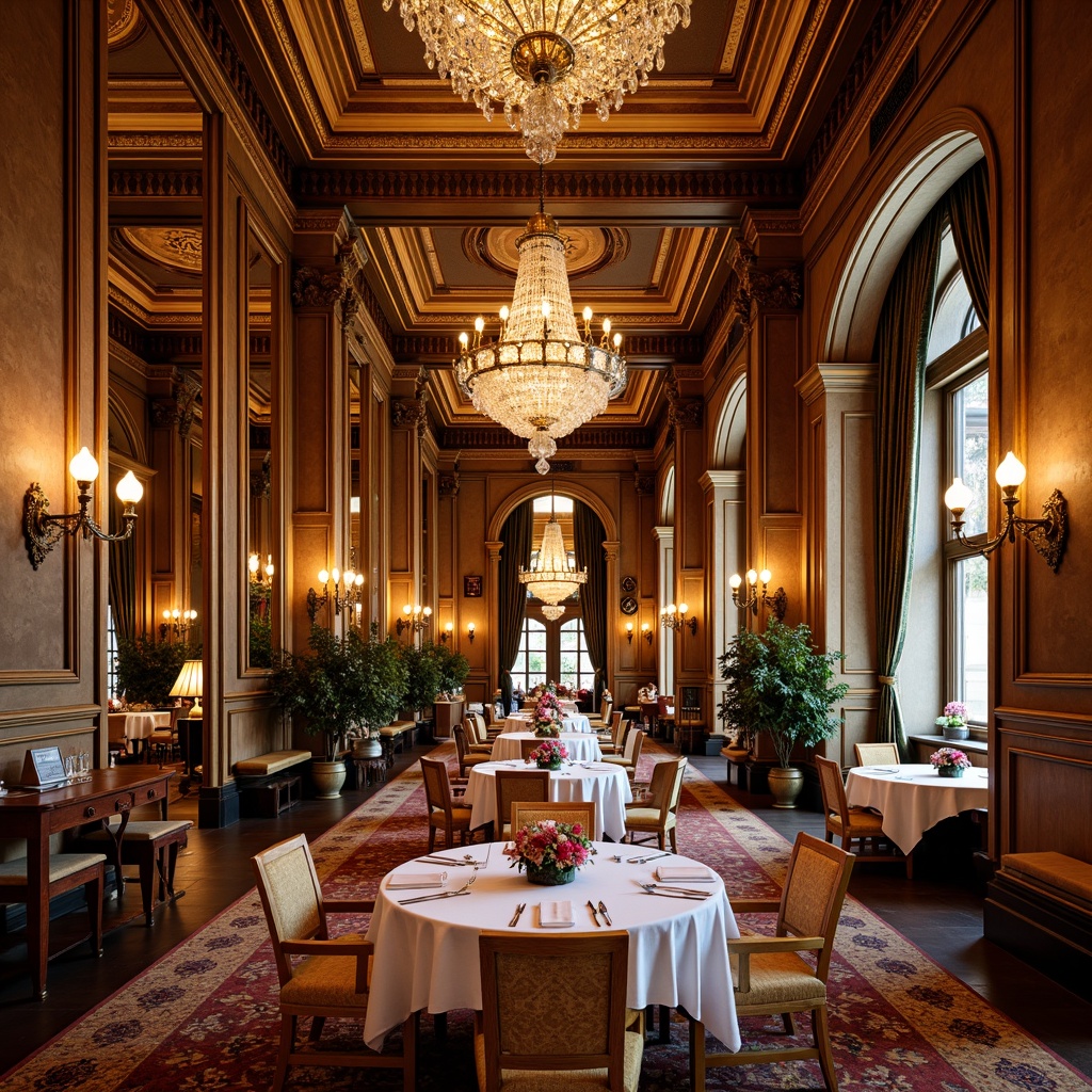 Prompt: Grand dining hall, luxurious chandeliers, ornate mirrors, rich wood paneling, velvet drapes, elegant archways, intricate moldings, lavish furnishings, exquisite ceramics, vibrant floral patterns, opulent textiles, metallic accents, sparkling crystals, majestic columns, high ceilings, regal ambiance, warm golden lighting, shallow depth of field, 1/1 composition, symmetrical view, realistic reflections, ambient occlusion.