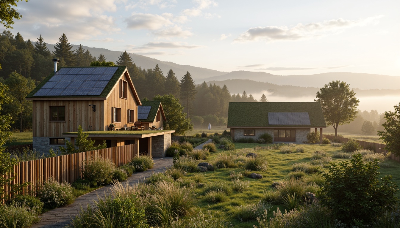 Prompt: Rustic rural homes, earthy tones, natural materials, wooden accents, stone walls, green roofs, solar panels, wind turbines, rainwater harvesting systems, organic gardens, wildflower meadows, rolling hills, serene countryside views, misty mornings, soft warm lighting, shallow depth of field, 3/4 composition, panoramic view, realistic textures, ambient occlusion.