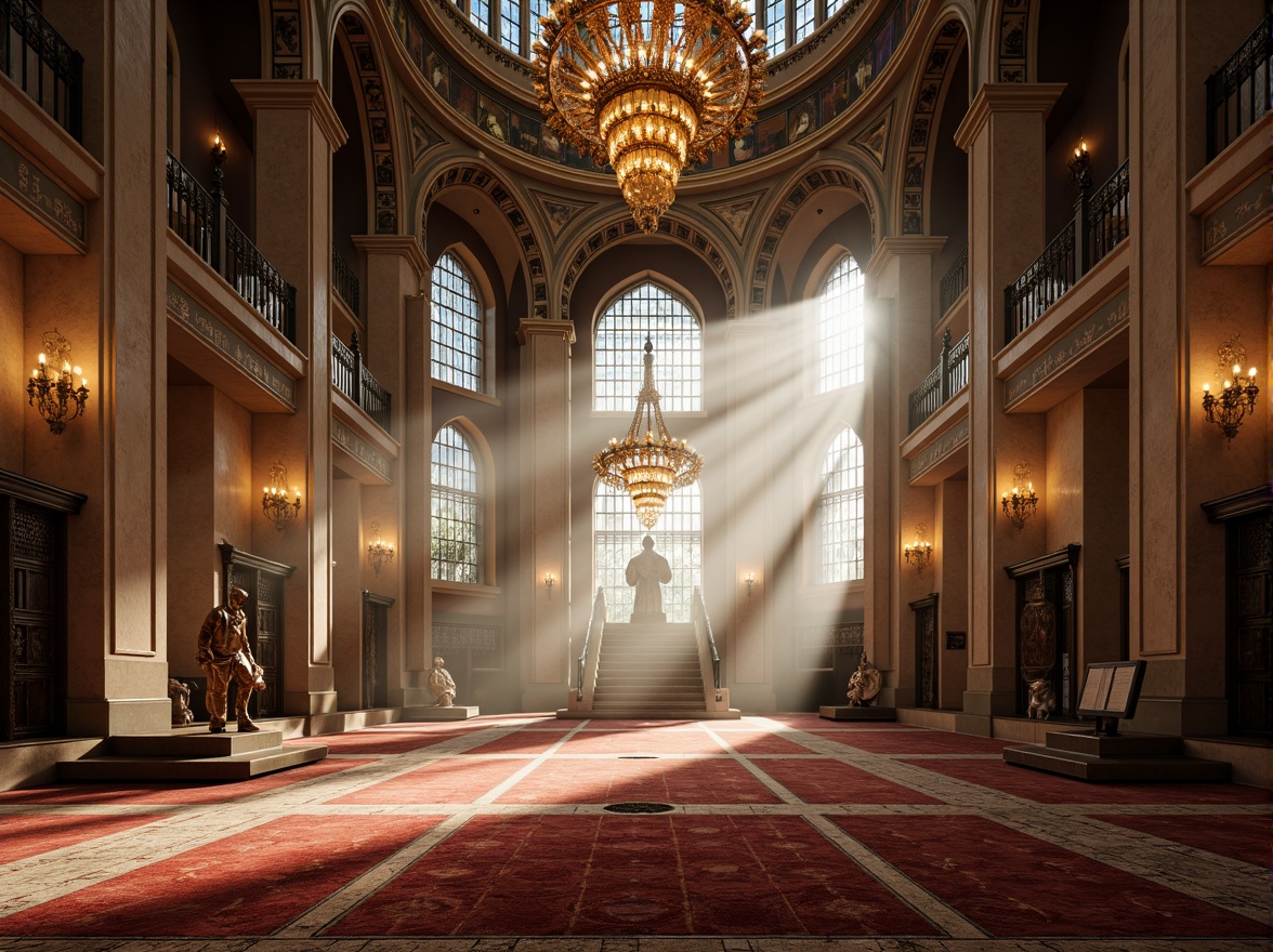 Prompt: Ethereal mosque interior, ornate chandeliers, soft warm glow, golden lighting accents, intricately patterned rugs, majestic domes, sacred texts, devotional artifacts, serene ambiance, natural light pouring through stained glass windows, dramatic shadows, subtle color temperature, mystical atmosphere, solemn silence, reverent mood, vertical emphasis, symmetrical composition, realistic textures, ambient occlusion.