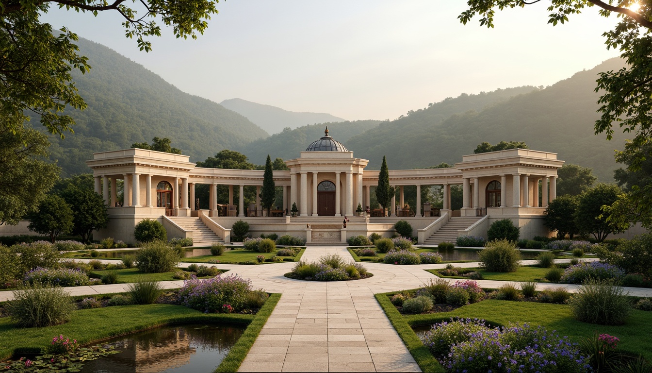 Prompt: Majestic pavilion, neoclassical architecture, grand entrance, ornate columns, symmetrical facade, lush greenery, vibrant flowers, tranquil water features, natural stone pathways, rolling hills, serene lake, misty morning, warm soft lighting, shallow depth of field, 3/4 composition, panoramic view, realistic textures, ambient occlusion.Let me know if you need any adjustments!