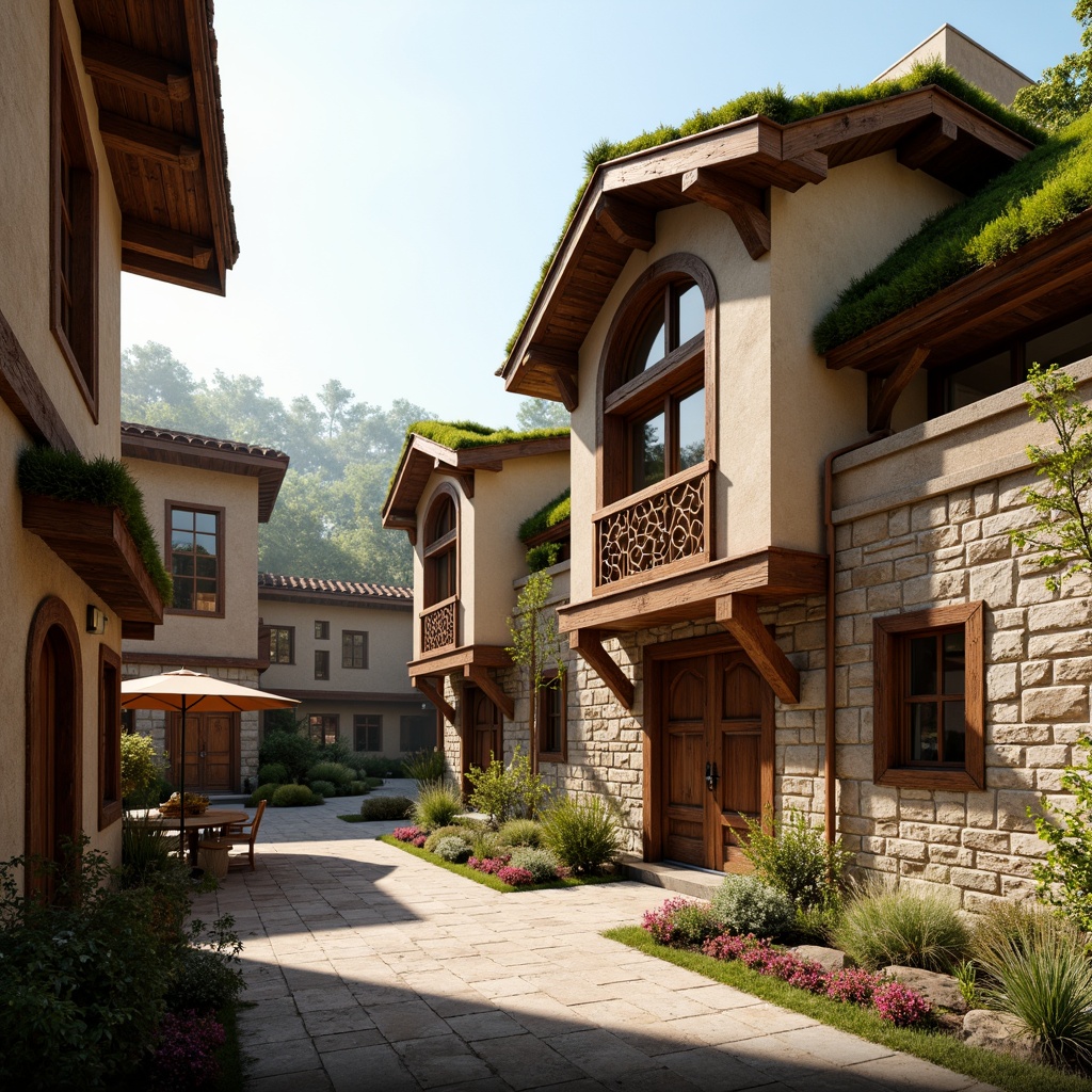 Prompt: Rustic regionalism buildings, earthy tones, natural stone cladding, wooden accents, curved lines, irregular shapes, asymmetrical facades, vibrant green roofs, overhanging eaves, ornate decorative trims, traditional cultural patterns, intricate carvings, warm golden lighting, soft focus, 1/1 composition, shallow depth of field, realistic textures, ambient occlusion.