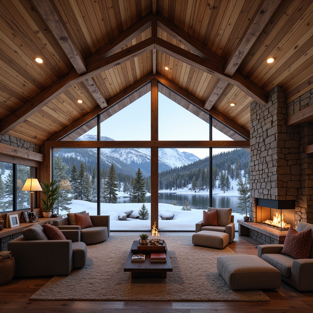 Prompt: Rustic ski lodge, wooden accents, natural stone walls, earthy tones, reclaimed wood beams, cozy fireplaces, plush furnishings, snow-capped mountains, frozen lakes, pine tree forests, crisp winter air, soft warm lighting, shallow depth of field, 3/4 composition, panoramic view, realistic textures, ambient occlusion.