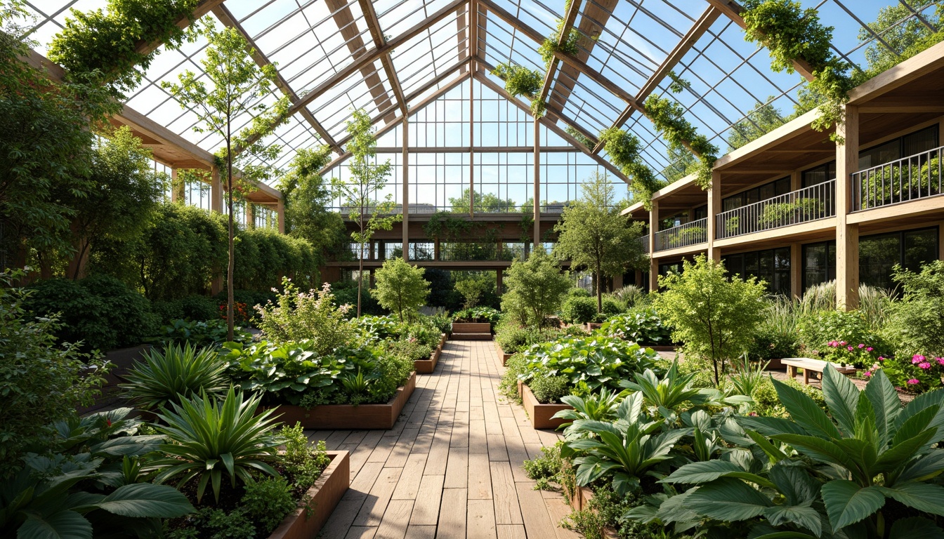 Prompt: Vibrant greenhouse interior, lush greenery, natural ventilation systems, solar-powered irrigation, rainwater harvesting, recycled materials, energy-efficient glazing, minimal carbon footprint, organic garden beds, trellises, misting systems, climate-controlled environments, automated shading devices, hydroponic farming, vertical planting walls, living roofs, bio-based insulation, reclaimed wood accents, rustic metal frames, abundant natural light, soft diffused lighting, 1/1 composition, realistic textures, ambient occlusion.