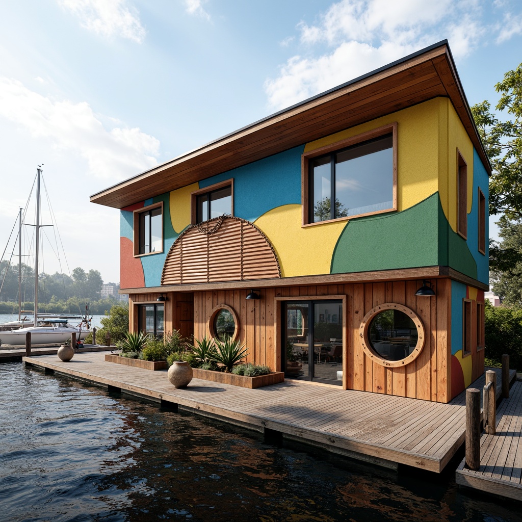 Prompt: Waterfront location, wooden dock, sailboats, rippling water, overhanging eaves, asymmetrical facade, bold color blocking, irregular shapes, fragmented forms, juxtaposed materials, reclaimed wood, corrugated metal, glass accents, nautical details, rope railings, porthole windows, eclectic ornamentation, whimsical decor, playful textures, soft warm lighting, shallow depth of field, 1/2 composition, realistic reflections, atmospheric mist.