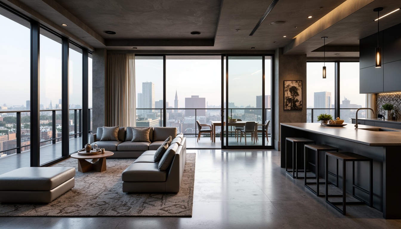 Prompt: Minimalist apartment interior, monochromatic color scheme, polished concrete floors, sleek metal accents, glass balustrades, industrial-chic lighting fixtures, modular furniture design, luxurious textiles, natural fiber rugs, geometric patterned wallpaper, urban cityscape views, floor-to-ceiling windows, sliding glass doors, modern kitchen appliances, quartz countertops, matte black cabinetry, soft warm ambient lighting, shallow depth of field, 2/3 composition, realistic reflections, subtle material textures.