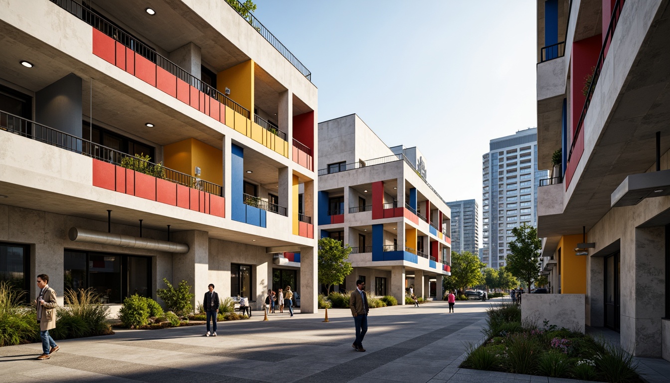 Prompt: Geometric student halls, constructivist facade, bold color blocking, abstract patterns, fragmented forms, dynamic shapes, industrial materials, exposed concrete, metal pipes, angular lines, minimalist decor, urban landscape, cityscape views, modern amenities, communal spaces, social hubs, natural light pouring in, shallow depth of field, 1/1 composition, high contrast lighting, dramatic shadows, futuristic ambiance.