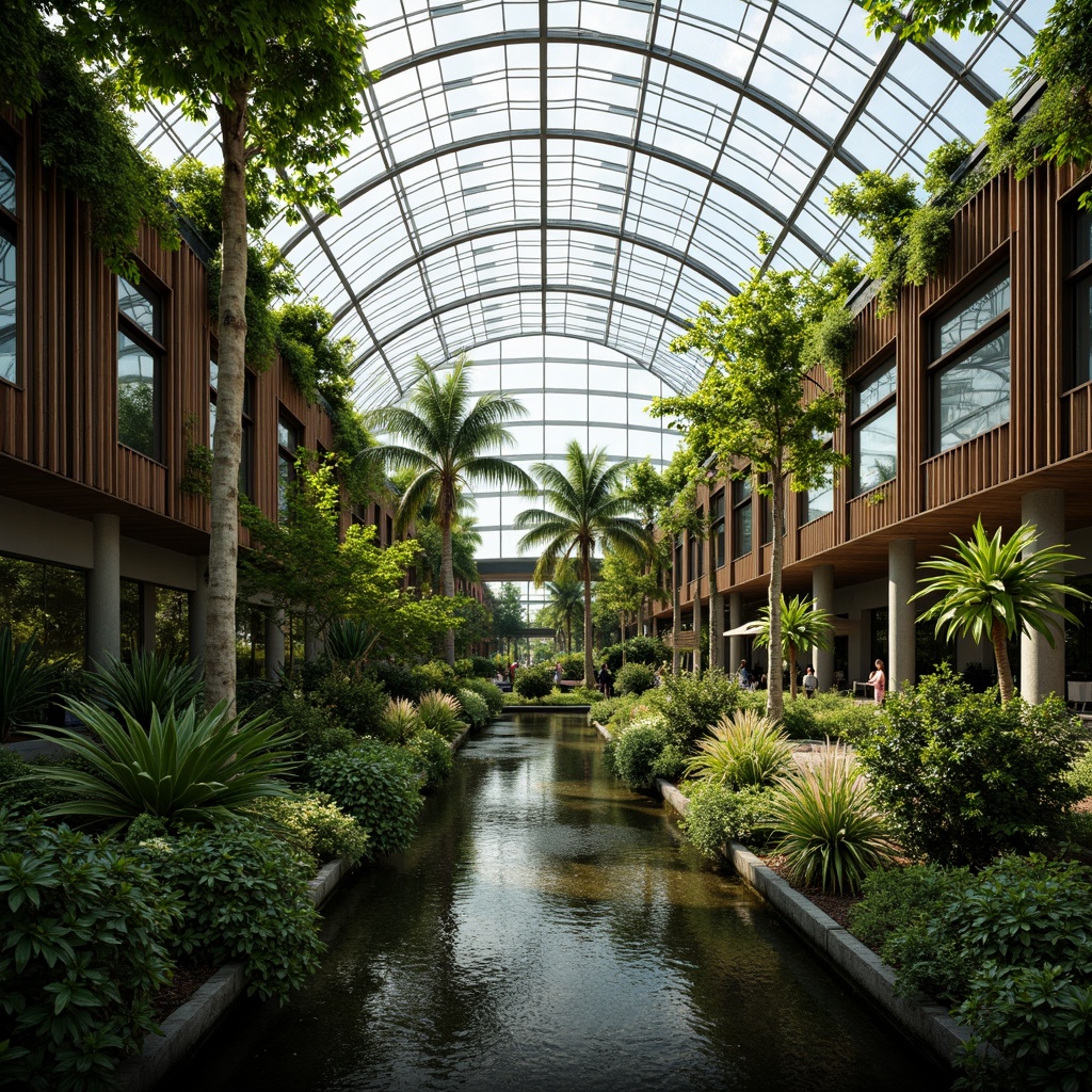 Prompt: Lush tropical plants, curved glass roofs, steel frames, minimalist columns, natural ventilation systems, clerestory windows, polycarbonate panels, automated irrigation systems, humid climate control, misting systems, exotic flowers, bamboo materials, reclaimed wood accents, earthy color palette, warm soft lighting, shallow depth of field, 2/3 composition, symmetrical architecture, futuristic curves, ambient occlusion.