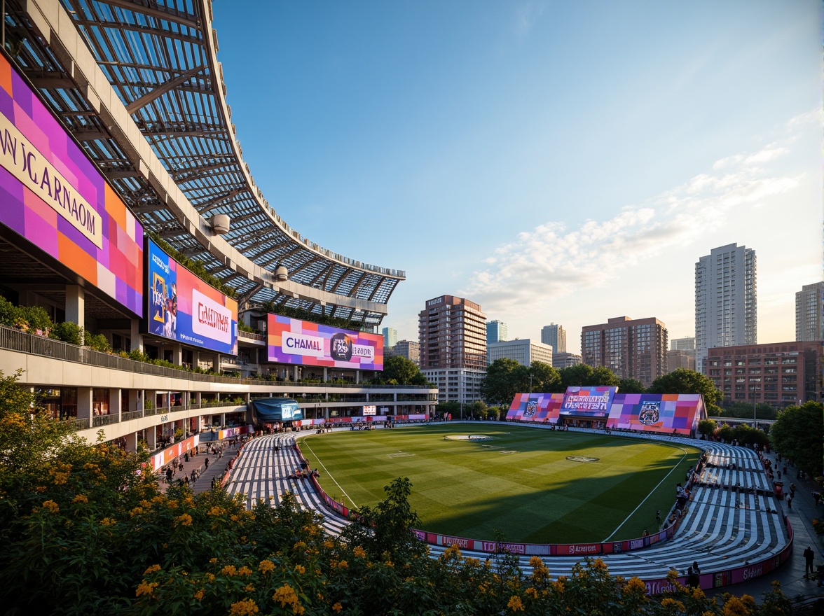 Prompt: Vibrant stadium architecture, fusion of modern curves, dynamic LED lighting, bold team colors, energetic atmosphere, sleek metallic structures, transparent roofs, open-air concourses, urban cityscape views, lush green surroundings, blooming flowers, warm sunny day, soft natural light, shallow depth of field, 3/4 composition, panoramic view, realistic textures, ambient occlusion.