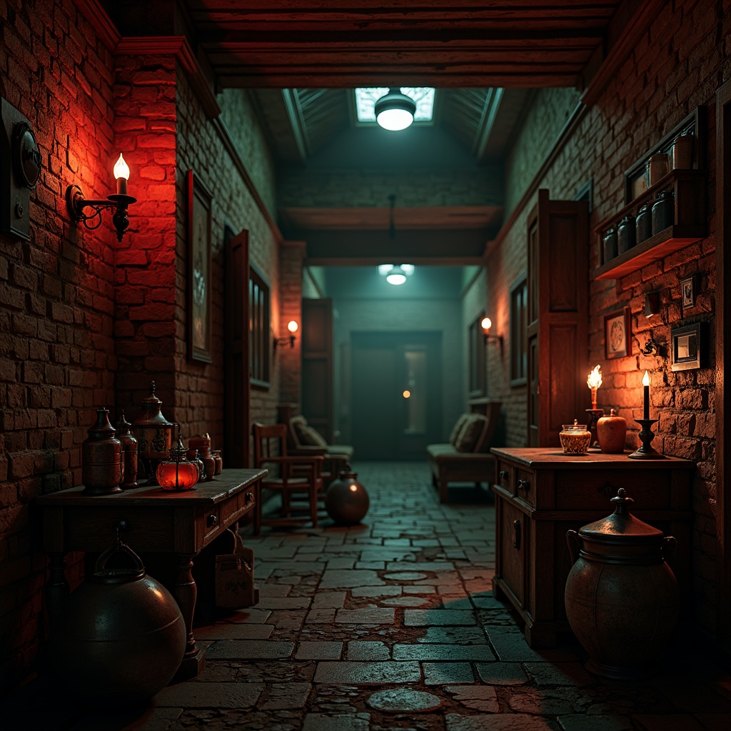 Prompt: Dark mysterious atmosphere, rich jewel tones, deep crimson reds, midnight blues, eerie greens, weathered stone walls, distressed wooden accents, ornate metalwork, vintage apothecary jars, antique candle holders, mysterious lanterns, dim warm lighting, shallow depth of field, 2/3 composition, realistic textures, ambient occlusion.