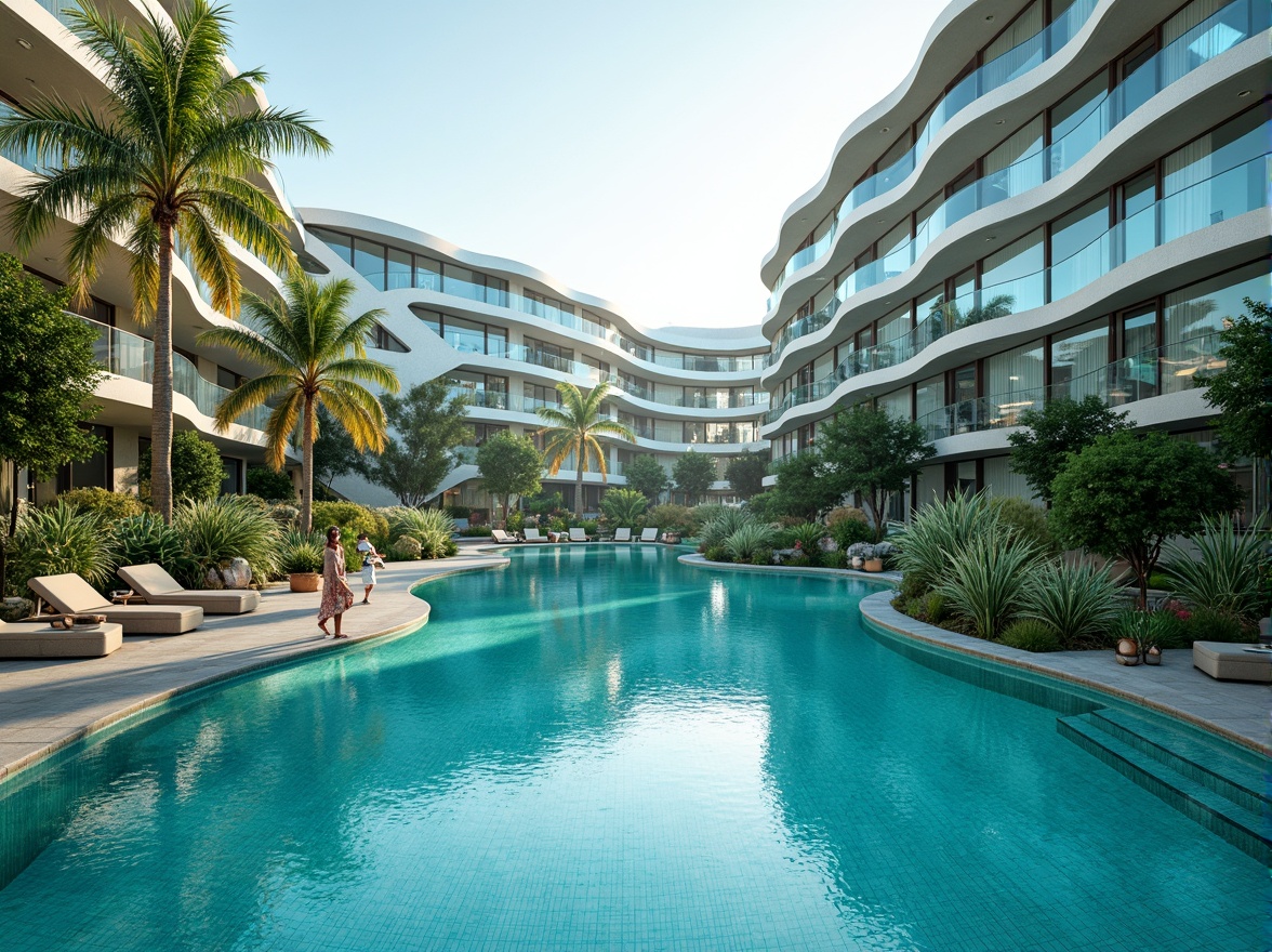 Prompt: Curved swimming pool facades, futuristic fusion architecture, gleaming glass surfaces, iridescent tiles, undulating wave patterns, translucent canopies, rippling water effects, lush tropical plants, vibrant turquoise hues, morning sunlight, soft focus, shallow depth of field, 1/2 composition, symmetrical framing, ambient occlusion.