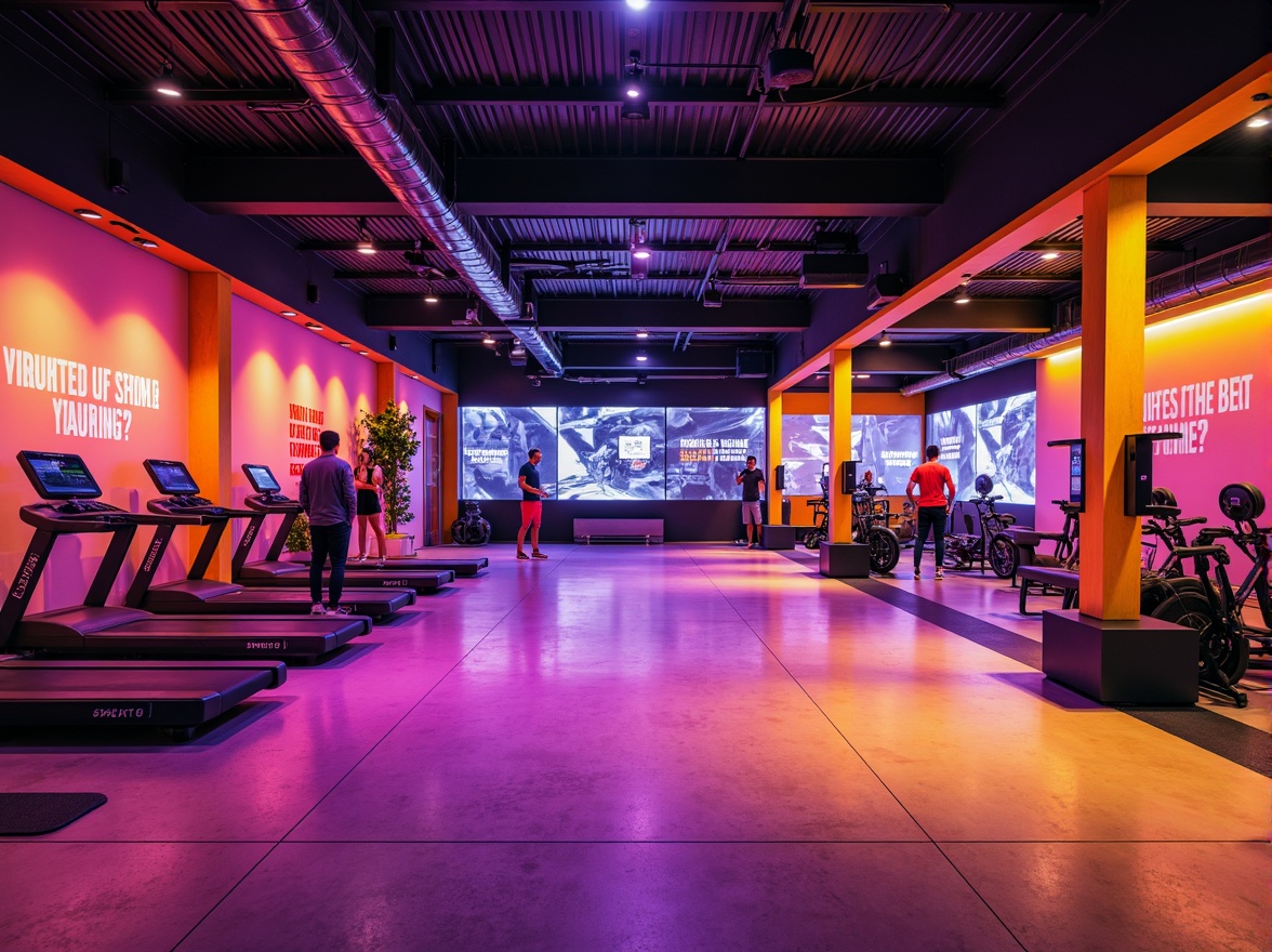 Prompt: Vibrant fitness studio, energetic atmosphere, bold primary colors, motivational quotes, industrial metal beams, polished concrete floors, modern LED lighting, sleek equipment machines, dynamic workout spaces, high-intensity training areas, calming stretching zones, refreshing water stations, invigorating citrus scents, futuristic digital displays, real-time tracking systems, social media sharing walls, inspiring success stories, trendy athletic wear, fashionable neon accents.