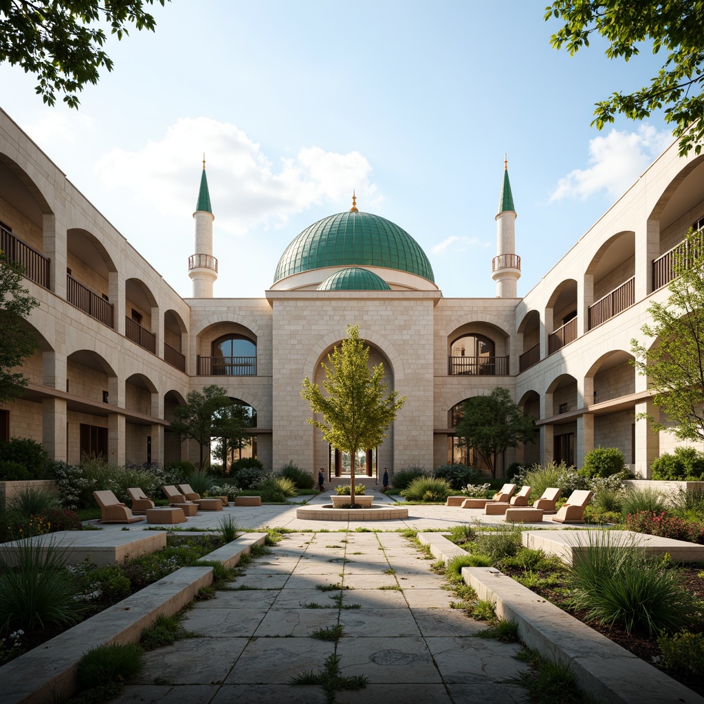 Prompt: Eco-friendly mosque, natural stone fa\u00e7ade, green dome, solar panels, wind turbines, rainwater harvesting system, grey water reuse, organic garden, native plant species, serene courtyard, peaceful ambiance, soft warm lighting, shallow depth of field, 3/4 composition, panoramic view, realistic textures, ambient occlusion, modern Islamic architecture, minimalist design, sustainable materials, recyclable components, energy-efficient systems, natural ventilation, passive solar heating, cooling systems, water conservation features, educational signs, spiritual quotes, calm atmosphere, soft background music.