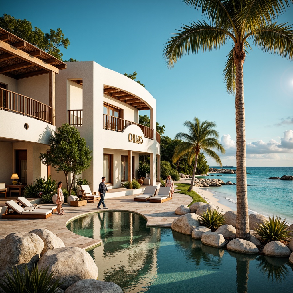 Prompt: Oceanfront villa, ornate facades, curved lines, nautical accents, porthole windows, distressed wood, coral stone walls, sea-salt weathered surfaces, tropical plants, palm trees, sandy dunes, turquoise water, clear blue sky, warm sunny day, soft golden lighting, high contrast shadows, 1/2 composition, atmospheric perspective, realistic reflections, subtle ambient occlusion.