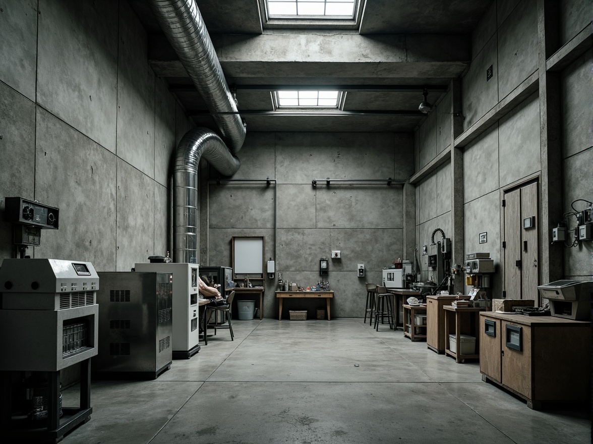 Prompt: Raw concrete walls, brutalist laboratory architecture, industrial aesthetic, metallic equipment, futuristic scientific instruments, minimal ornamentation, exposed ductwork, steel beams, functional lighting, urban atmosphere, dramatic shadows, high-contrast photography, stark composition, 1/2 format, harsh overhead lighting, distressed textures, ambient occlusion.