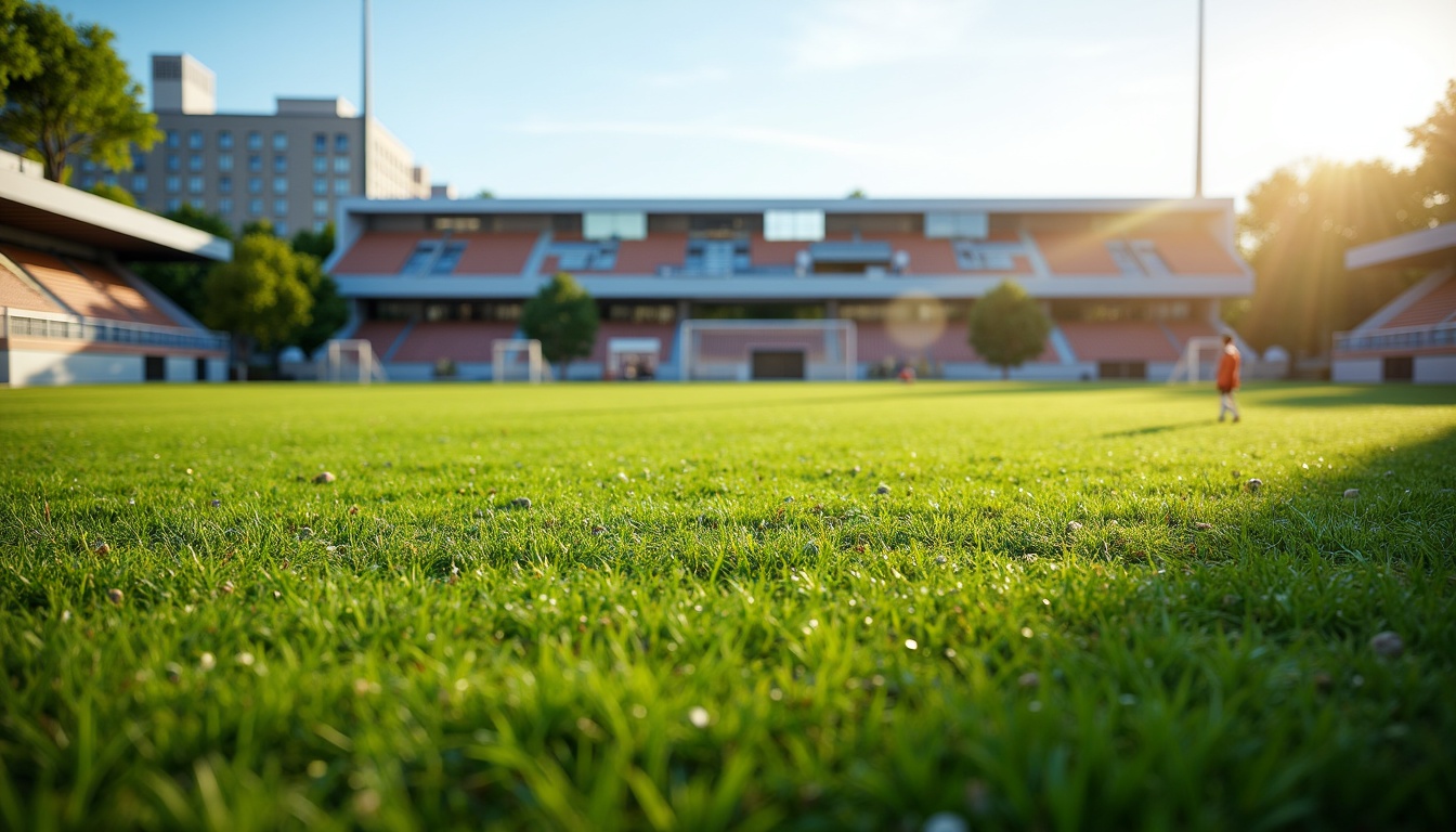 Prompt: Vibrant sports field, lush green grass, athletic tracks, soccer goals, baseball diamonds, tennis courts, basketball hoops, football fields, natural stone bleachers, modern stadium architecture, grandstand seating, electronic scoreboards, sunny day, soft warm lighting, shallow depth of field, 3/4 composition, panoramic view, realistic textures, ambient occlusion.