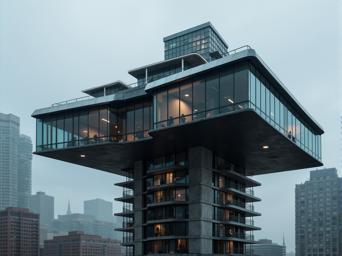 Prompt: Sleek watchtower, modernist architecture, geometric shapes, angular lines, cantilevered roofs, minimalist design, industrial materials, exposed steel beams, concrete columns, glass facades, metallic accents, avant-garde structures, futuristic silhouettes, dramatic lighting, bold color schemes, abstract patterns, urban landscape, cityscape views, high-rise buildings, metropolitan atmosphere, low-angle photography, cinematic composition, atmospheric mist.