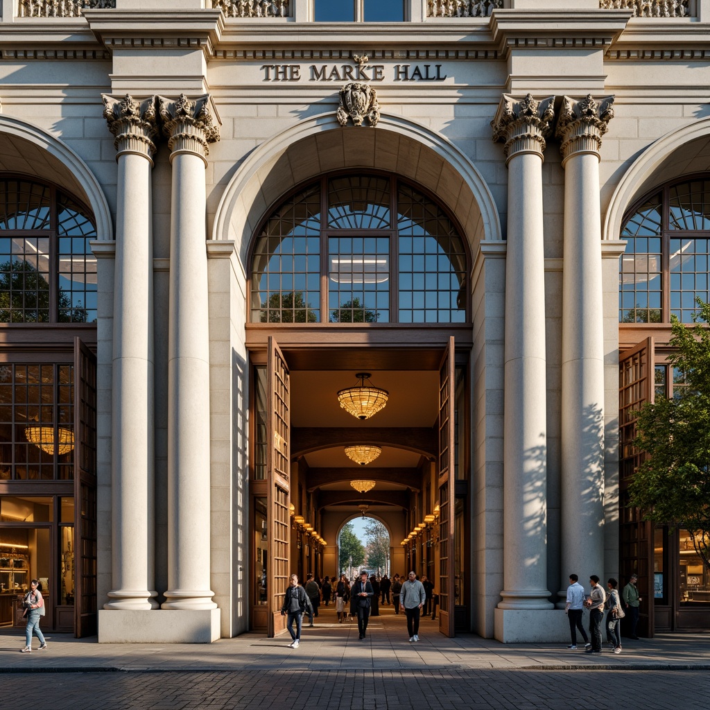 Prompt: Grand market hall, neoclassical facade, ornate columns, intricate carvings, symmetrical composition, elegant arches, rusticated stone walls, grandiose entrance, bronze doors, ornamental metalwork, vibrant streetlights, bustling city atmosphere, morning sunlight, soft warm lighting, shallow depth of field, 1/2 composition, realistic textures, ambient occlusion.