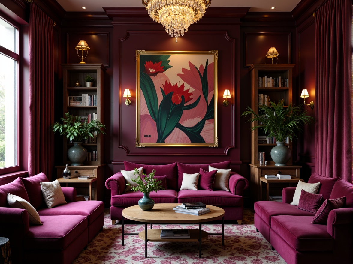 Prompt: Rich plum hues, luxurious velvet fabrics, ornate gold accents, soft warm lighting, intimate ambiance, cozy reading nooks, plush throw pillows, deep berry wine colors, jewel-toned emeralds, lavish crystal chandeliers, sophisticated modern interiors, bold abstract artwork, eclectic vintage decor, rustic wooden floors, moody atmospheric effects, cinematic composition, dramatic shadows, high contrast ratio.