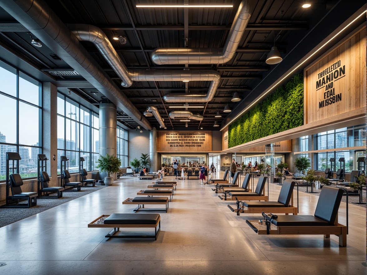 Prompt: Modern fitness center, industrial chic aesthetic, exposed ductwork, polished concrete floors, mirrored walls, sleek metal equipment, vibrant color accents, motivational quotes, dynamic lighting systems, stadium-style seating, spacious open areas, functional zones, free-weight sections, cardio machine arrays, yoga studios, Pilates reformer machines, meditation rooms, calming natural materials, reclaimed wood accents, living green walls, minimalist decor, high ceilings, panoramic city views, 1/2 composition, softbox lighting, realistic reflections.