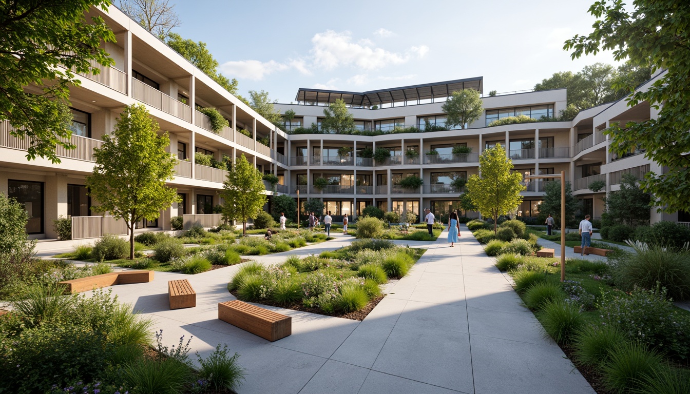 Prompt: Vibrant university campus, experimental architecture, green roofs, solar panels, natural ventilation systems, clerestory windows, skylights, open-air courtyards, lush vegetation, blooming flowers, wooden benches, educational signage, modern minimalist design, steel frames, glass facades, ambient occlusion, soft warm lighting, shallow depth of field, 3/4 composition, panoramic view, realistic textures.