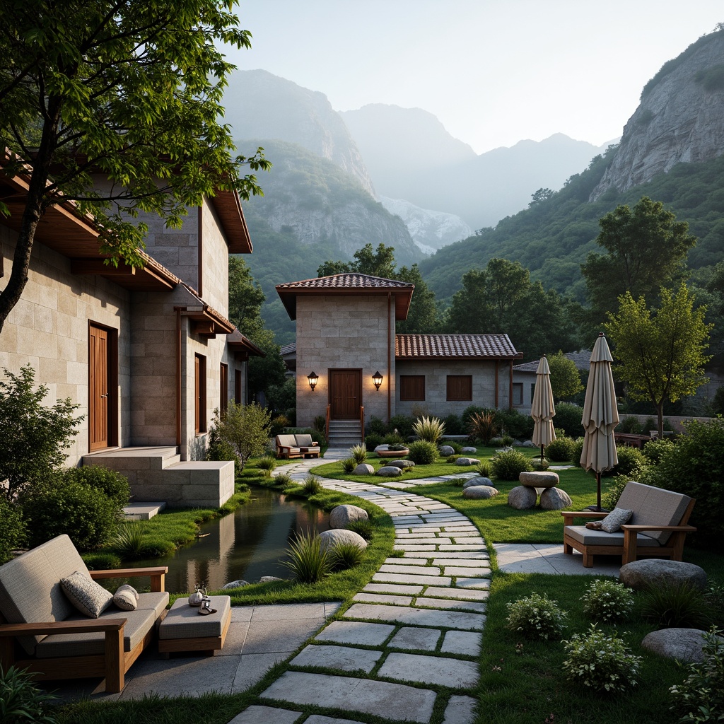 Prompt: Serene monastery courtyard, lush greenery, natural stone walls, wooden accents, rustic doors, lantern-style lighting, peaceful water features, organic farm plots, meandering walking paths, weathered wood benches, prayer flags, misty morning atmosphere, soft warm lighting, shallow depth of field, 1/2 composition, panoramic view, realistic textures, ambient occlusion, surrounding mountain ranges, mist-covered valleys, rolling hills, ancient tree species, subtle fog effects.