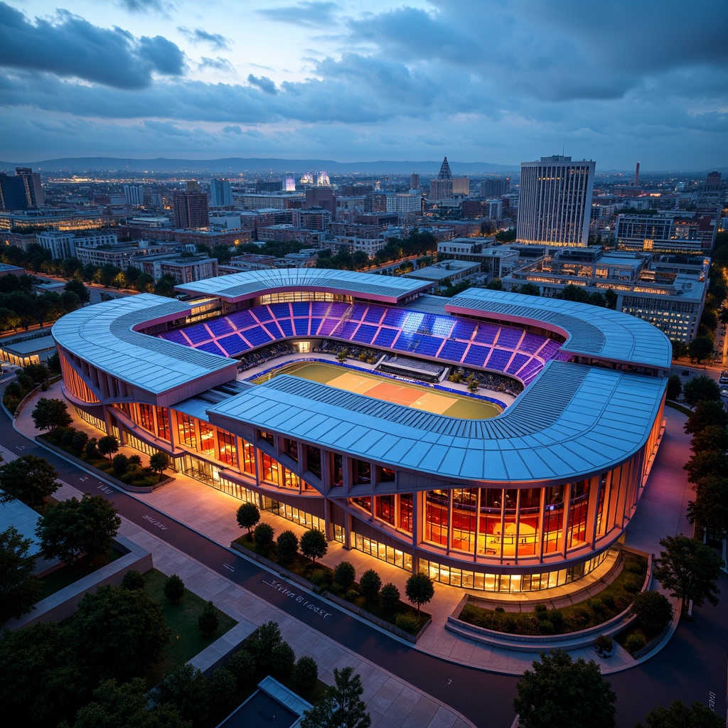 Prompt: Vibrant stadium, fusion architecture, dynamic color palette, bold contrasting hues, neon lights, electric blue accents, fiery orange tones, deep purple shades, metallic silver trim, sleek glass fa\u00e7ade, curved lines, futuristic design, cantilevered upper decks, open-air concourses, tiered seating areas, lush greenery, urban cityscape, cloudy sky, dramatic spotlights, high-contrast shadows, 1/2 composition, cinematic camera angles, realistic renderings.