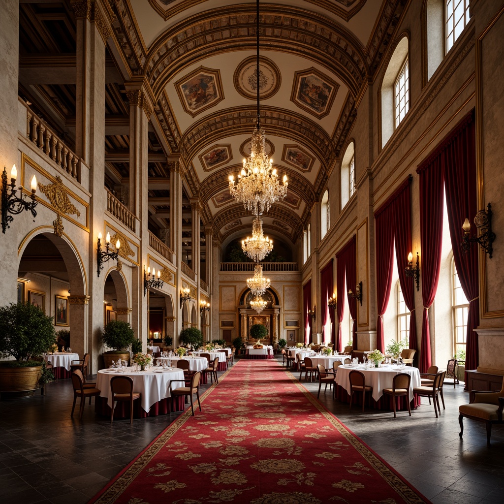 Prompt: Opulent dining hall, grand arches, ornate Byzantine columns, intricate mosaics, rich gold accents, lavish chandeliers, regal red carpets, marble floors, ornamental frescoes, vaulted ceilings, elegant table settings, luxurious velvet drapes, warm candlelight, soft shadows, 1/2 composition, atmospheric perspective, realistic textures, ambient occlusion.