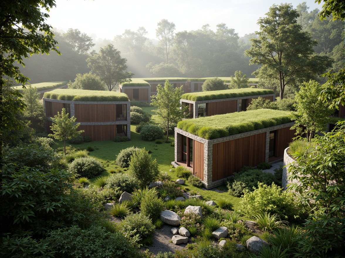 Prompt: Vibrant green roofs, lush vegetation walls, earthy tone buildings, natural stone facades, reclaimed wood accents, soft moss colors, calming forest ambiance, misty morning lighting, shallow depth of field, 1/1 composition, serene atmosphere, eco-friendly materials, sustainable design principles, organic shapes, flowing curves, harmonious color harmony, balanced contrast ratios.