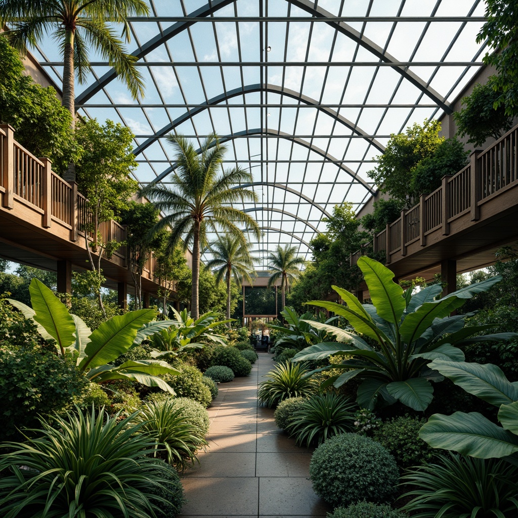 Prompt: Lush botanical garden, exotic plant species, transparent glass roofs, steel framework structures, curved arches, minimalist columns, natural ventilation systems, automated irrigation networks, misting humidity control, warm soft lighting, shallow depth of field, 3/4 composition, panoramic view, realistic textures, ambient occlusion.