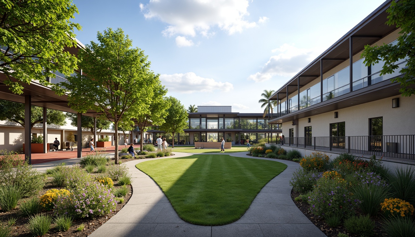 Prompt: Panoramic gymnasium courtyard, lush greenery, blooming flowers, athletic tracks, sports equipment, modern architecture, large windows, glass doors, natural stone walkways, sleek metal roofs, vibrant color schemes, ambient lighting, shallow depth of field, 3/4 composition, realistic textures, integrated landscape design, outdoor recreational spaces, shaded areas, misting systems, innovative ventilation systems, eco-friendly materials, sustainable energy solutions.