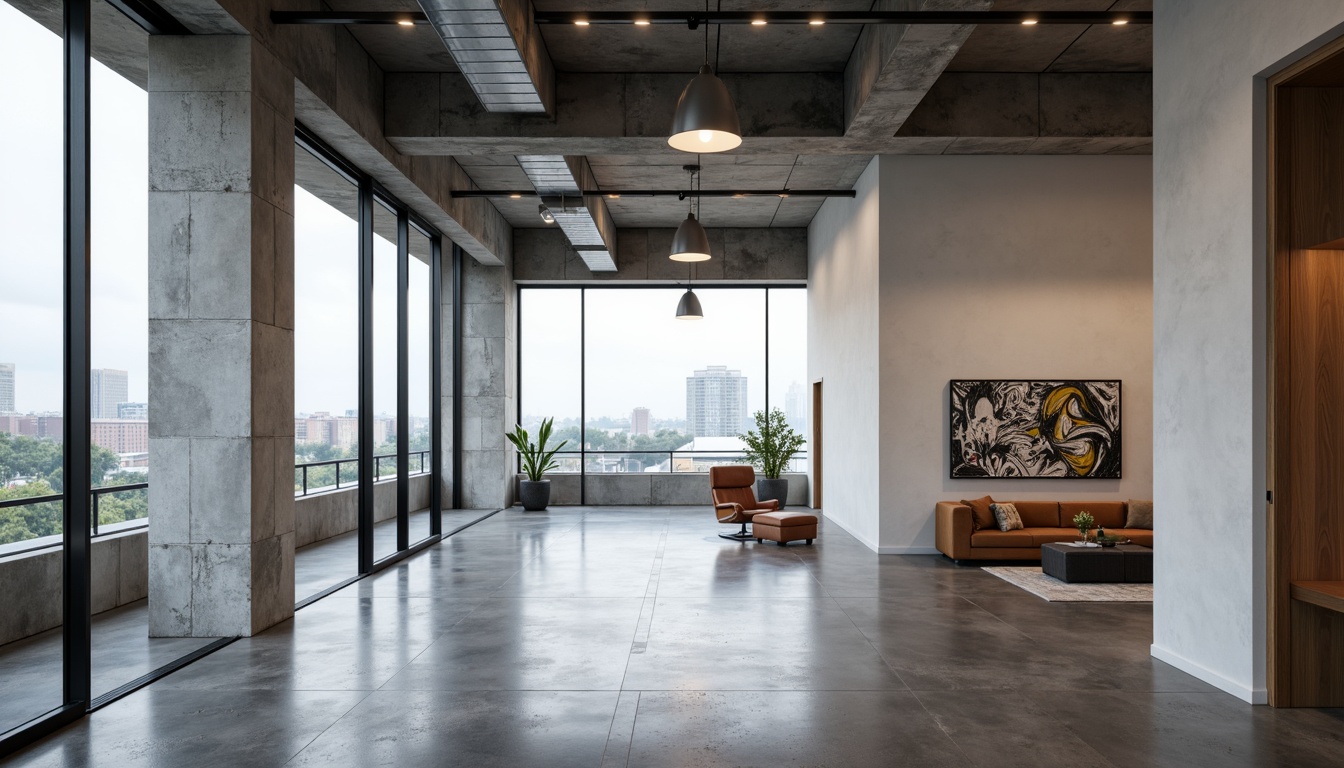 Prompt: Polished concrete floors, exposed ductwork ceilings, industrial metal beams, minimalist white walls, large glass windows, sliding glass doors, sleek wooden accents, luxurious leather furniture, metallic light fixtures, abstract artwork, urban cityscape views, overcast skies, softbox lighting, shallow depth of field, 2/3 composition, cinematic mood, realistic reflections, ambient occlusion.