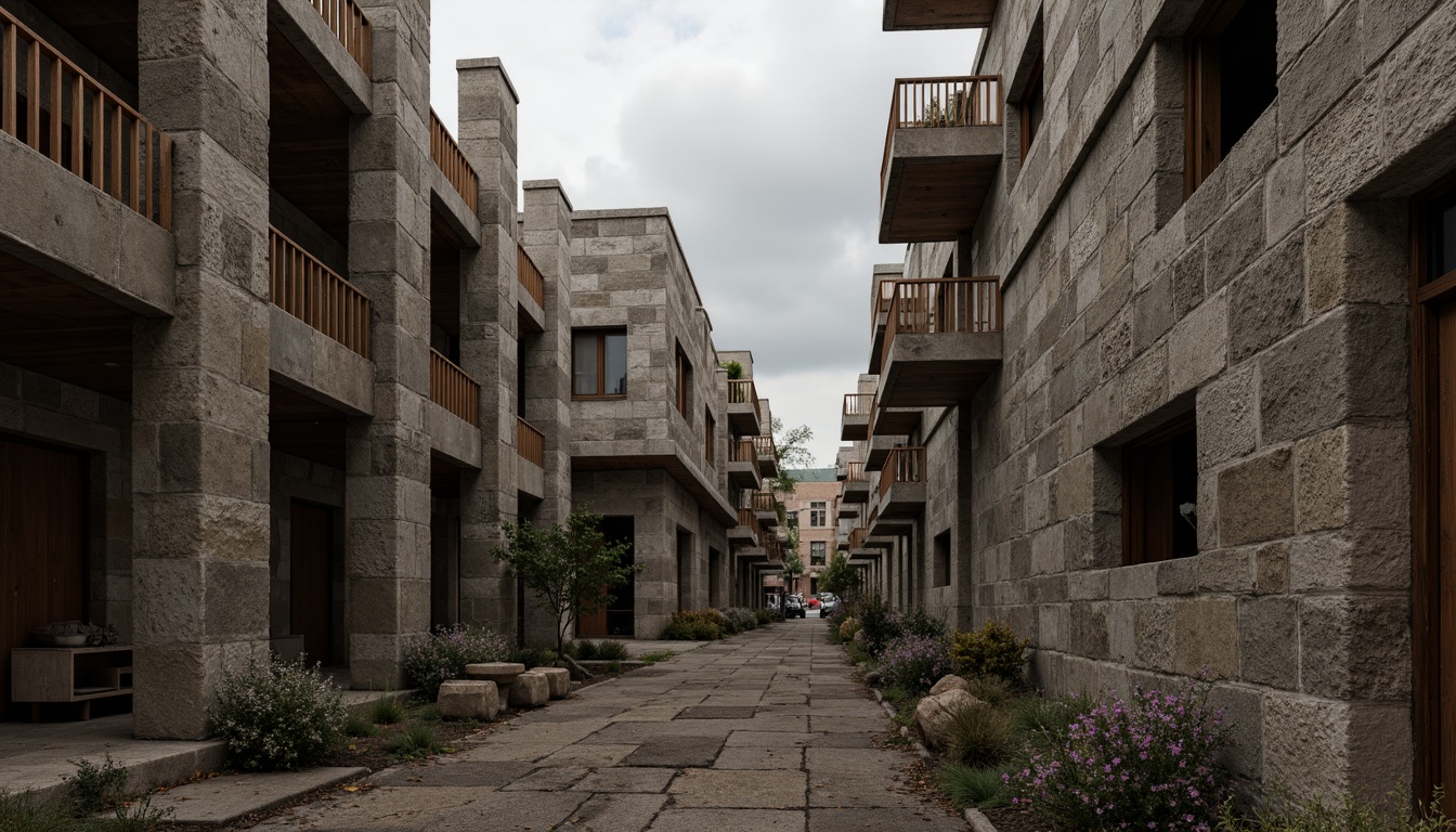 Prompt: Rough-hewn stone walls, exposed concrete structures, rugged wooden beams, earthy tones, brutalist architecture, industrial aesthetic, raw unfinished surfaces, fortress-like buildings, dramatic natural lighting, overcast skies, moody atmospheric conditions, cinematic composition, high-contrast textures, ambient occlusion, realistic rendering.