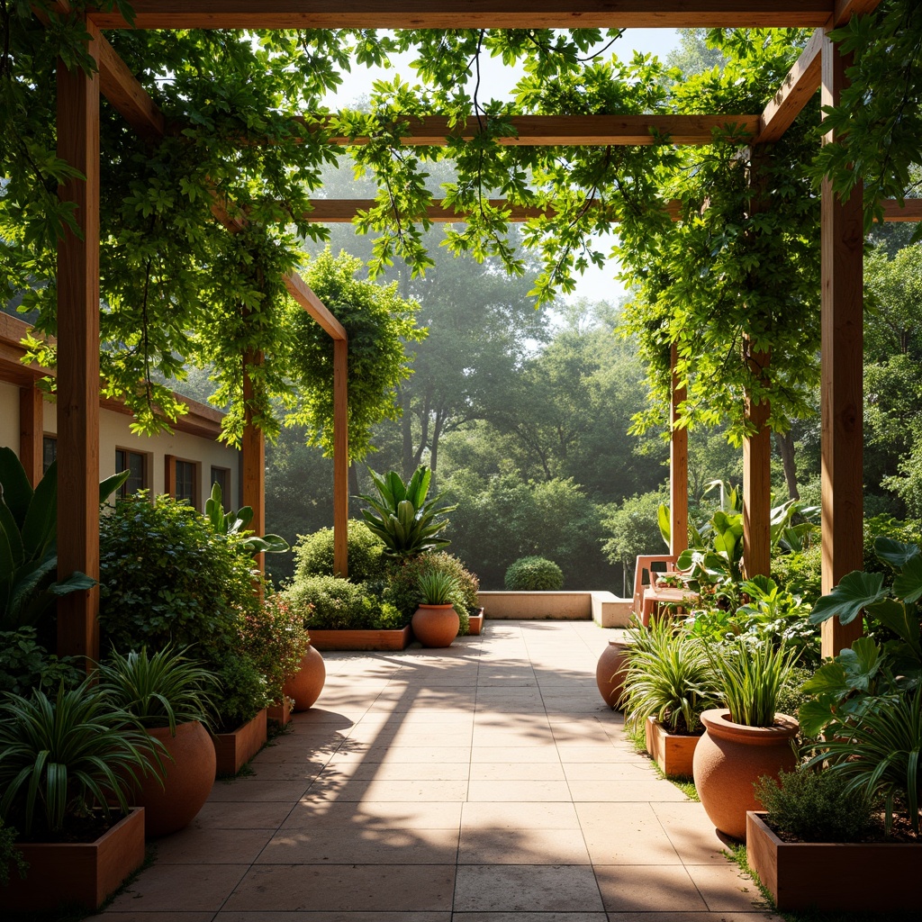 Prompt: Vibrant botanical garden, lush greenery, natural light, warm earthy tones, terracotta pots, wooden trellises, climbing vines, tropical plants, misting system, humid atmosphere, soft diffused lighting, 3/4 composition, shallow depth of field, realistic textures, ambient occlusion.