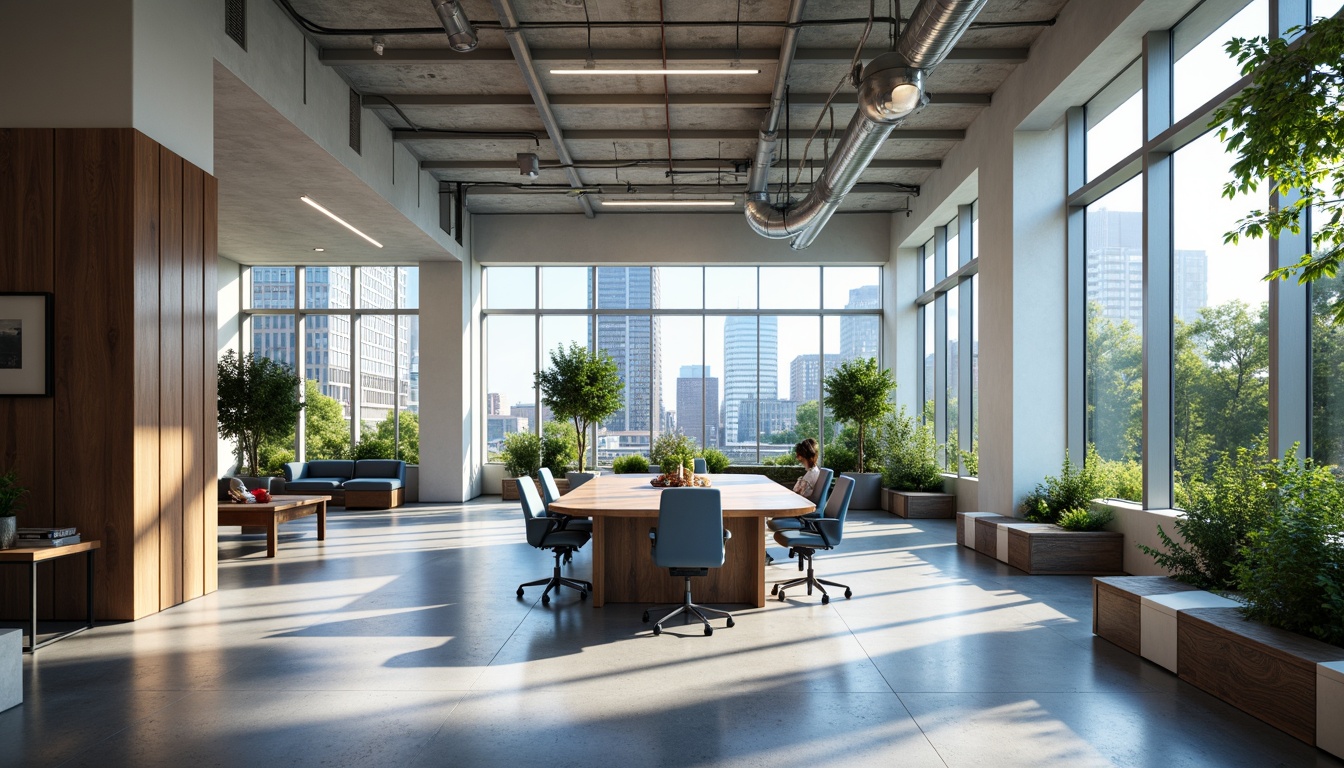 Prompt: Modern office interior, sophisticated color scheme, calming blue tones, rich wood accents, creamy white walls, sleek metal fixtures, vibrant greenery, ergonomic furniture, minimalist decor, abundant natural light, floor-to-ceiling windows, urban city views, 3/4 composition, soft warm lighting, realistic textures, ambient occlusion.