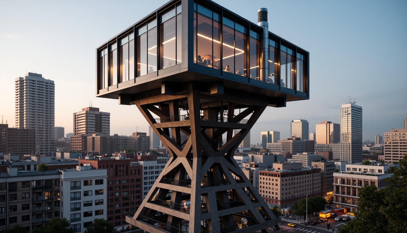 Prompt: Futuristic watchtower, sleek metal framework, minimalist design, angular lines, cantilevered structures, exposed ductwork, industrial materials, concrete foundations, geometric shapes, bold color schemes, dynamic lighting effects, urban cityscape, dense metropolitan area, towering skyscrapers, busy streets, evening atmosphere, warm golden hour, low-angle shot, dramatic shadows, high-contrast image.