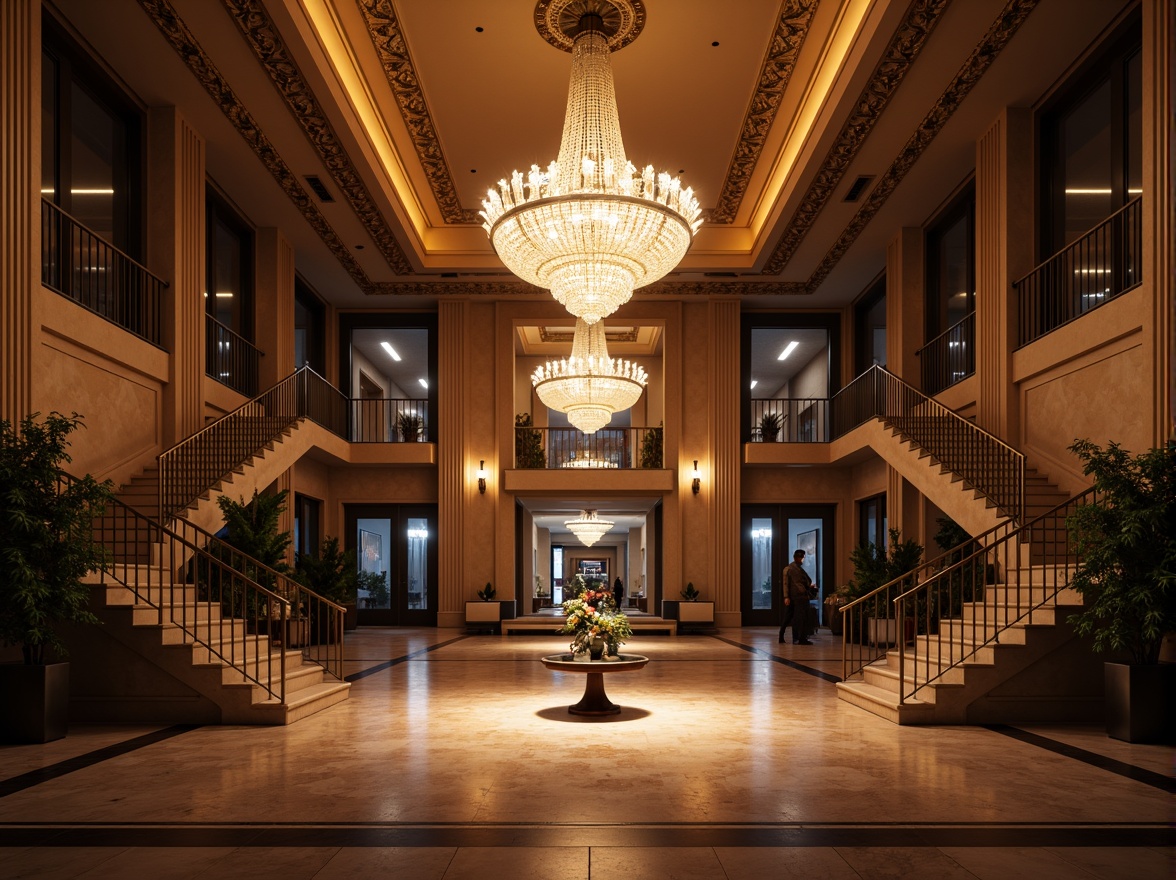 Prompt: Dramatic entrance hall, grand chandelier, warm soft lighting, accent spotlights, ambient glow, ornate ceiling details, luxurious materials, marble floors, high ceilings, sweeping staircases, elegant banisters, sophisticated color palette, rich textures, subtle shading, focal point illumination, layered light effects, 3/4 composition, shallow depth of field, realistic renderings.