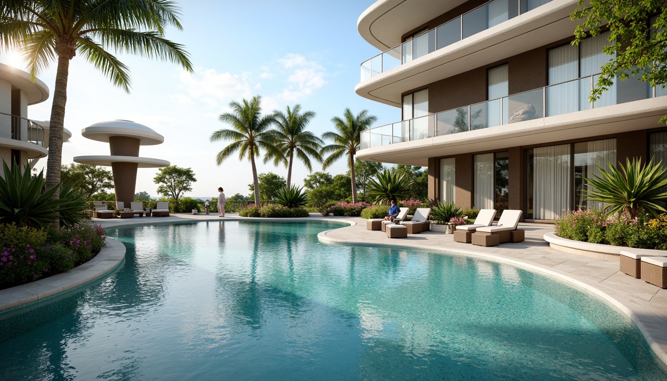 Prompt: Curved infinity pool edges, luxurious water features, futuristic fusion architecture, sleek metal railings, glass balconies, cantilevered structures, modernist design language, tropical palm trees, lush greenery, vibrant flowers, warm sunny day, soft natural lighting, shallow depth of field, 3/4 composition, panoramic view, realistic water textures, ambient occlusion.