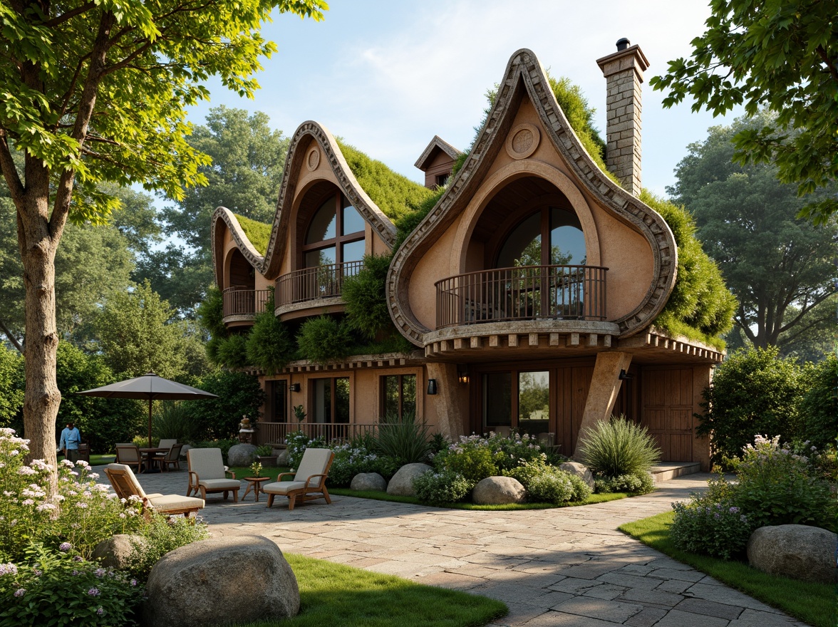 Prompt: Rustic rural cottage, ornate Art Nouveau details, sinuous lines, flowing curves, organic forms, whimsical flourishes, distressed wooden accents, earthy tone stonework, moss-covered roofs, overgrown vines, lush greenery, blooming wildflowers, sunny afternoon, soft warm lighting, shallow depth of field, 3/4 composition, panoramic view, realistic textures, ambient occlusion.