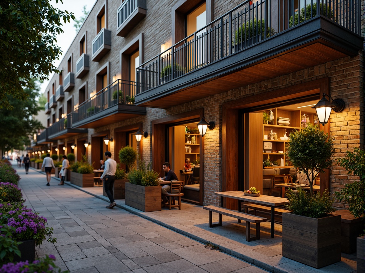 Prompt: Vibrant pub social housing, warm brick facade, rustic stone walls, wooden accents, ornate metal railings, lantern-style streetlights, cozy outdoor seating areas, lush greenery, flower-filled planters, natural wood doors, large windows, soft warm lighting, shallow depth of field, 3/4 composition, panoramic view, realistic textures, ambient occlusion.