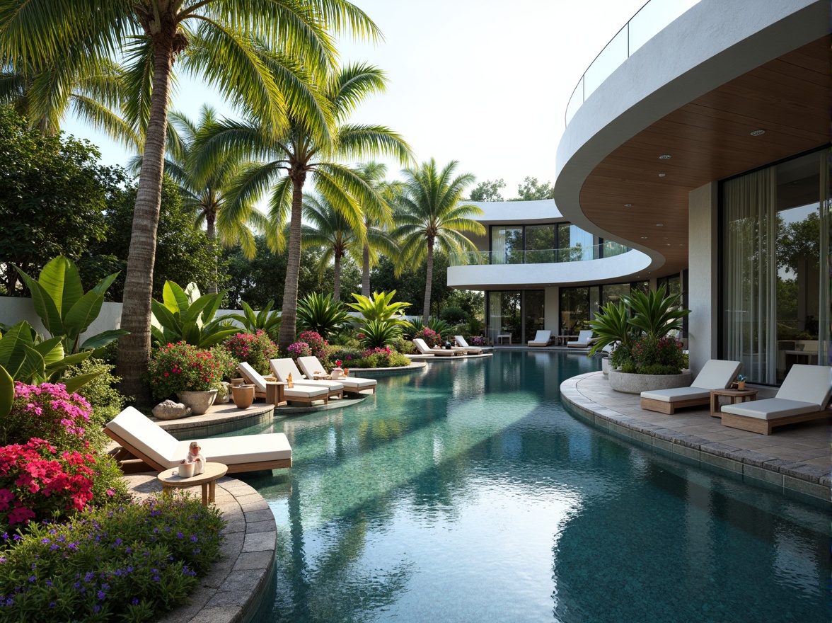 Prompt: Curved infinity pool, fusion architecture style, modern sleek lines, reflective glass surfaces, metallic accents, water features, cascading waterfall, lush tropical greenery, exotic plants, vibrant colorful flowers, sunny day, soft warm lighting, shallow depth of field, 3/4 composition, panoramic view, realistic textures, ambient occlusion.