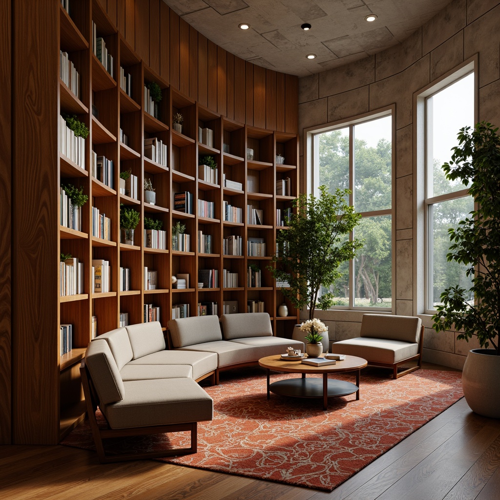 Prompt: Cozy reading nooks, comfortable seating areas, warm wooden bookshelves, soft warm lighting, rich carpeted floors, calming color schemes, minimalist modern furniture, sleek metal accents, geometric patterned rugs, floor-to-ceiling windows, natural stone walls, lush greenery, peaceful ambiance, quiet atmosphere, 1/1 composition, shallow depth of field, realistic textures, ambient occlusion.