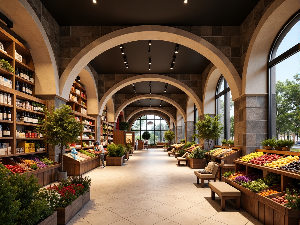 Prompt: Vibrant grocery store interior, archway entrances, elegant curves, warm ambient lighting, polished marble floors, rustic wooden shelves, colorful produce displays, fresh flower arrangements, modern minimalist decor, sleek metal accents, large glass windows, natural stone walls, cozy seating areas, soft background music, shallow depth of field, 1/2 composition, realistic textures, ambient occlusion.