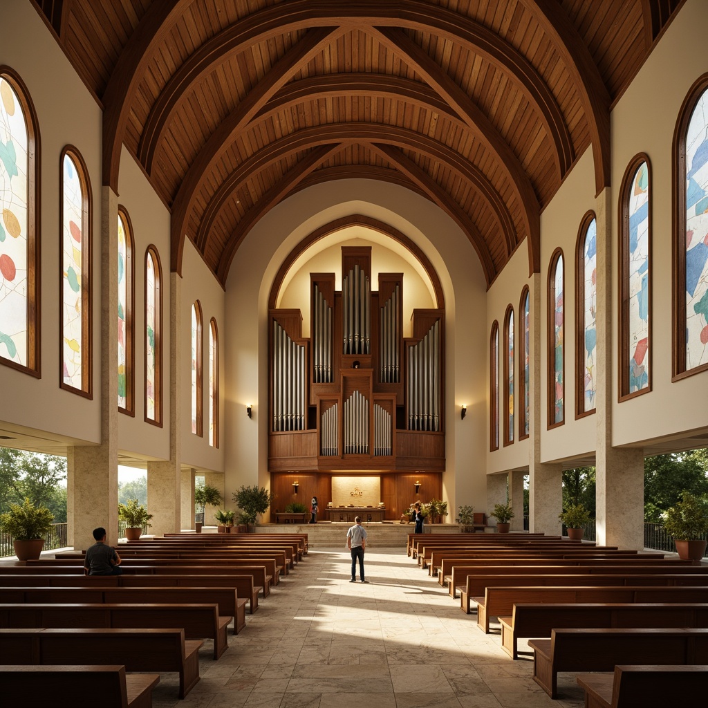 Prompt: Minimalist worship space, high ceilings, natural stone floors, abstract stained glass windows, simple pews, ornate altarpieces, grand organ pipes, vaulted arches, ribbed domes, intricate mosaics, ambient soft lighting, warm golden tones, minimalist decor, sacred symbols, devotional artifacts, serene atmosphere, symmetrical composition, shallow depth of field, 1/1 aspect ratio.