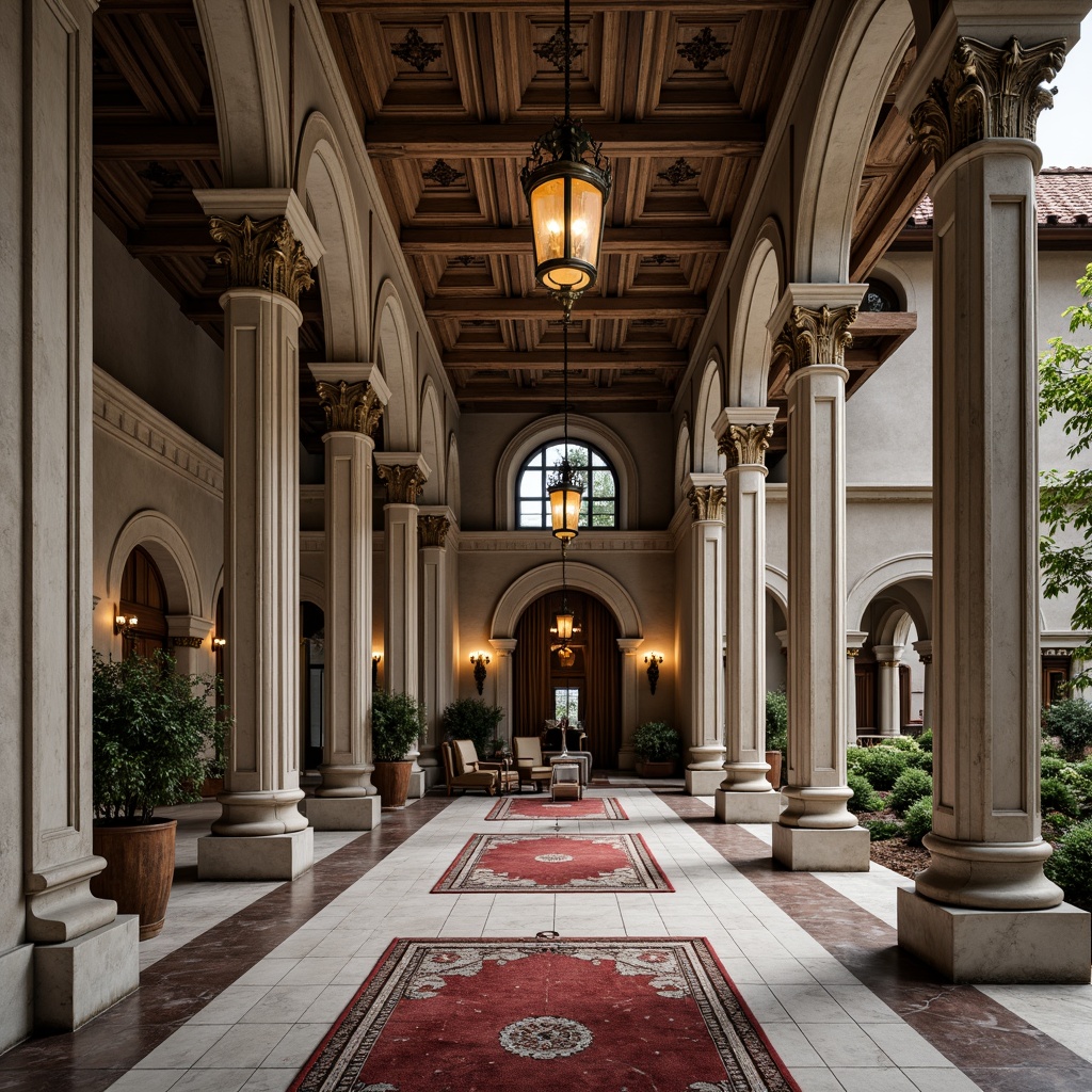 Prompt: Grandiose columns, ornate carvings, rich marble floors, polished bronze accents, opulent chandeliers, intricately patterned rugs, velvety drapes, stucco exterior walls, symmetrical facades, imposing entranceways, dramatic arches, vaulted ceilings, ornamental pediments, classical proportions, muted color palette, soft warm lighting, high contrast ratio, 3/4 composition, realistic textures, ambient occlusion.