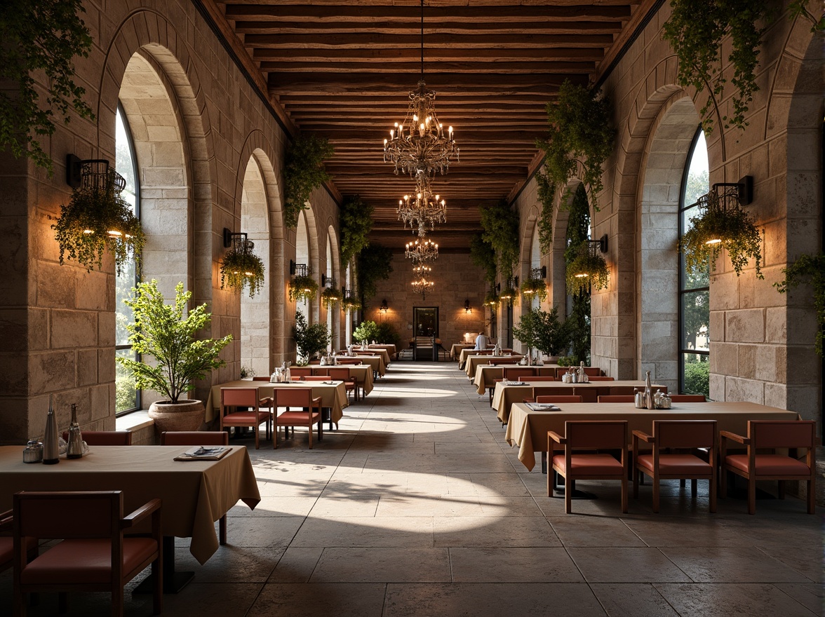 Prompt: Rustic dining hall, stone walls, brick arches, vaulted ceilings, wooden beams, grand chandeliers, ornate furnishings, earthy color palette, natural textiles, traditional craftsmanship, rough-hewn stonework, weathered exterior, ivy-covered facades, warm soft lighting, shallow depth of field, 1/1 composition, realistic textures, ambient occlusion.